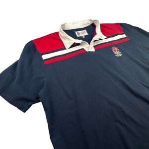 England Rugby Official Licensed Polo Shirt Mens 2XL Navy Blue Red Stripe Rose 11